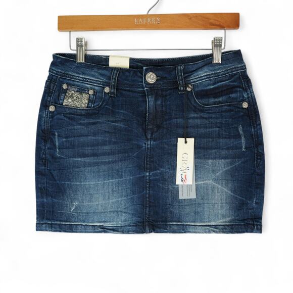 Grace in LA Skirt Womens M Embellished Rhinestone Peace Sign Designer Denim Jean - Picture 2 of 7